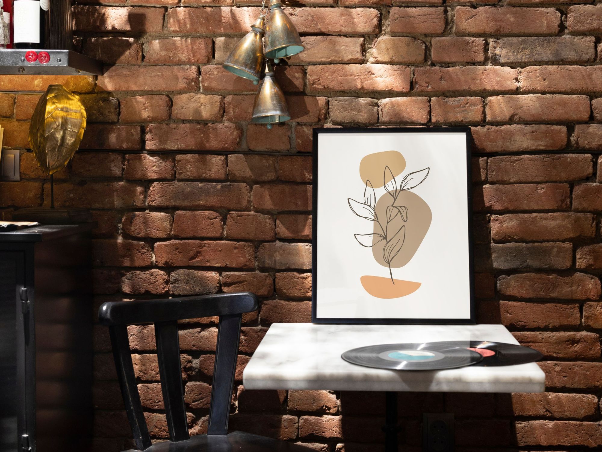Photo Frame On A Table With Brick Wall Mockup