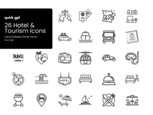 Hotel & Tourism Icons Bundle – 26 Canva Editable Vector Icons by QuickGPL
