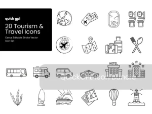 20 editable tourism and travel icons including plane, ticket, hotel, map, bus, and camper van – Canva design bundle from QuickGPL
